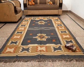 Handwoven Wool Jute Kilim Rug - Traditional Indian Dhurrie, Boho Wool Jute Aztec Kilim Rug Handmade Tribal Geometric Flatweave Carpet Runner