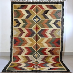 Handwoven Wool Jute Kilim Rug, Multicolour Wool Jute Rug Vintage Style Kilim Rug Custom Size Rug Reversible Rug, 5x8Ft, 8x10Ft Rug Kilim Rug