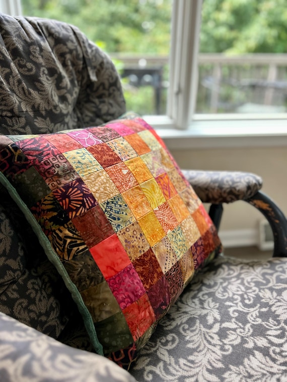 Fall Patchwork Pillow, Handmade Batik Throw Pillow, Autumn Home Decor,  Rustic Farmhouse Accent Cushion