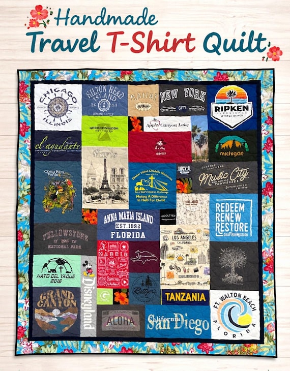 Custom T-Shirt Memory Quilt, Mosaic Travel Quilt Keepsake, Handmade Vacation Blanket