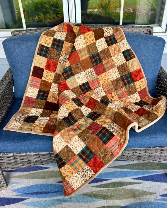 Handmade Flannel Patchwork Lap Quilt: Autumn Minky Blanket Fall decor