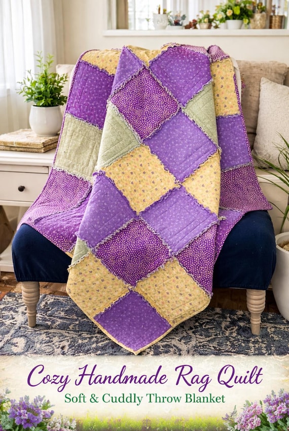 Flannel Patchwork Rag Quilt: Purple, Yellow, Green Lap Blanket (48x48)