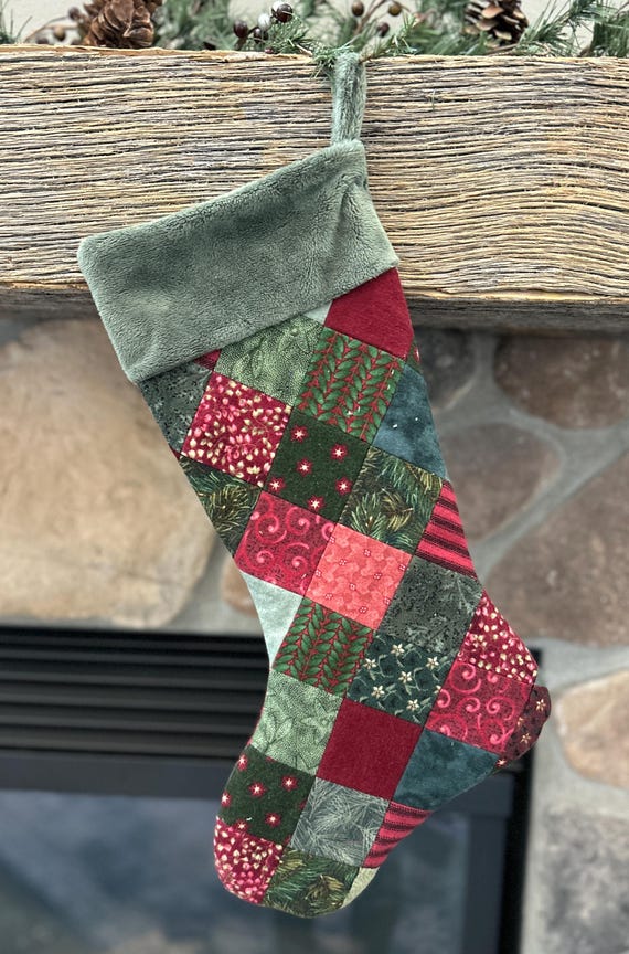 Handmade Patchwork Christmas Stocking, Vintage Holiday Decor