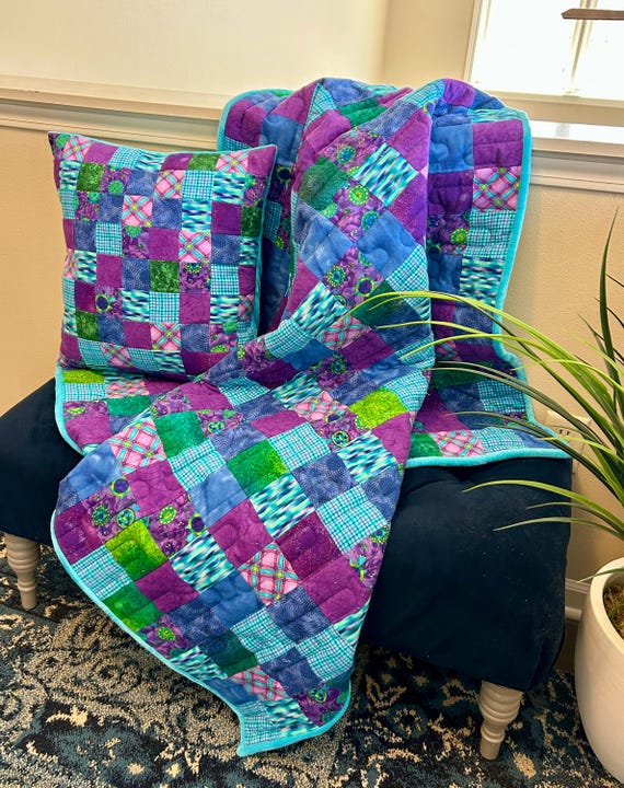 Handmade flannel patchwork baby quilt and matching pillow