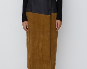 Vintage caramel and black suede and leather midi skirt with stitched wrap waistband