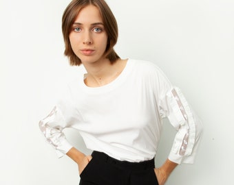 MaxMara crisp white cotton blouse with sheer silk organza panels and beaded motifs