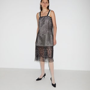 Vintage black and ivory lace tank dress with sheer fringe hem image 1