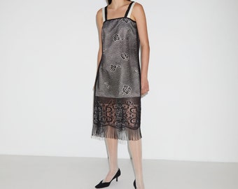 Vintage black and ivory lace tank dress with sheer fringe hem
