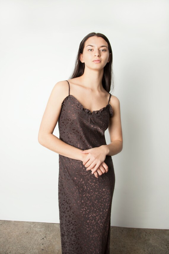 Brown devore 90s bias slip dress
