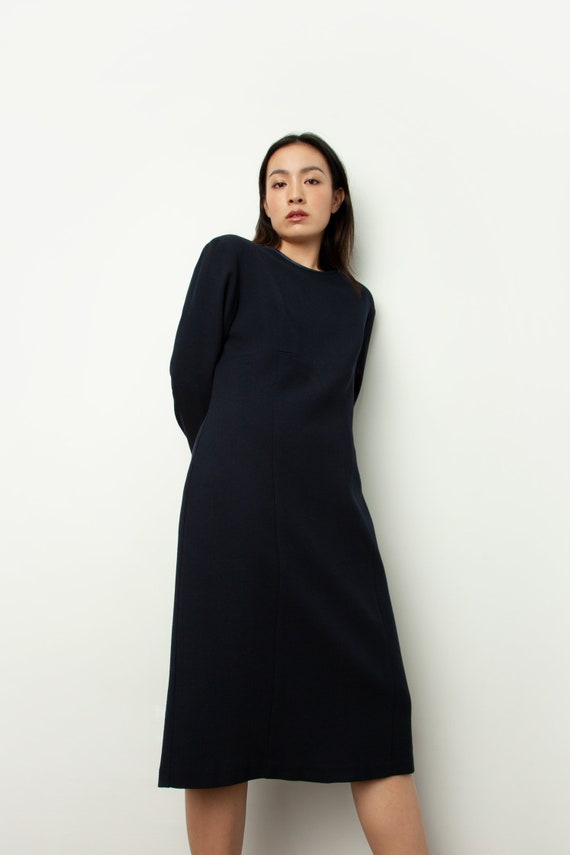 Vintage minimal chic long sleeve wool navy midi dr