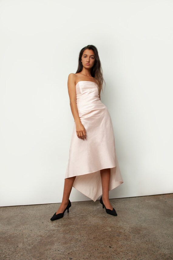 Vintage 90s pure silk strapless baby pink dress wi