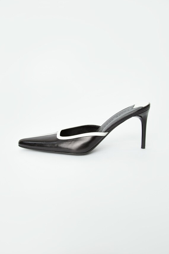 Vintage Ralph Lauren Black and White Pointed Leather Mules with 8cm Heel, Made in Italy