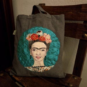 Cotton shopper bag with unique art quilt appliqué - a real one-of-a-kind! 38x42cm