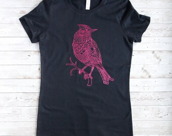 Damen T-Shirt in schwarz mit einem Vogel-Motiv,schwarzes Damen T-Shirt,Einzelstück Gr. M