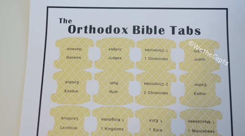 May include: A printable sheet of yellow Bible tabs with the names of books of the Old Testament in black text. The sheet is titled "The Orthodox Bible Tabs".