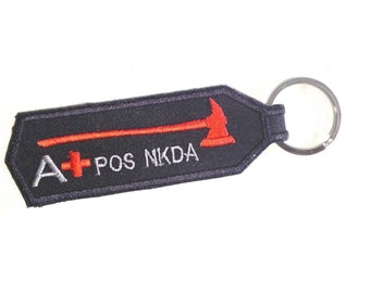 Firefighter Red Axe And Blood Type Tag Keychain  Embroidered TAG Key Ring Holder (Double Side)