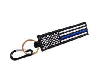American Flag Thin Blue Line Keychain Tag with Key Ring,Embroidered for Motorcycles, Scooters, Cars and  Gift for friend (Double Side)