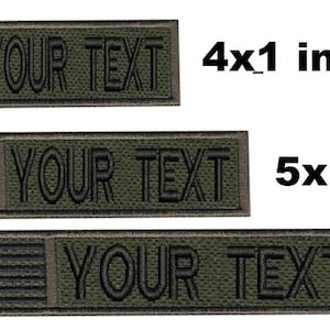 May include: Three embroidered patches with an American flag and the text "YOUR TEXT". The patches are available in three sizes: 4x1 inch, 5x1 inch, and 8x2.5 inch.