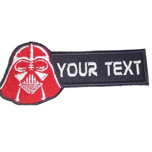 May include: Red and white embroidered Darth Vader patch with a black rectangular banner that says "YOUR TEXT".