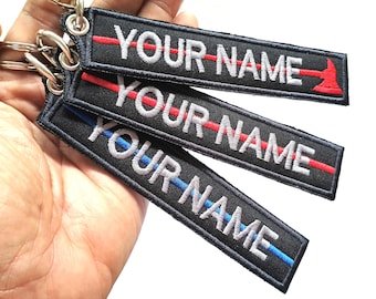 2 pcs Custom Name Firefighter Police Red Line Blue Line Flag Embroidered Tag Keychain Keyring Key holder