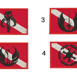 May include: Four embroidered patches with red backgrounds and white diagonal stripes. Each patch features a different black graphic: a horned skull, a bird, a stylized sword, and a gear-like symbol. The patches are rectangular.