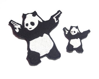 2 set PANDA BEAR wielding pistols guns EMBROIDERED Moral patch hook backing 2pcs