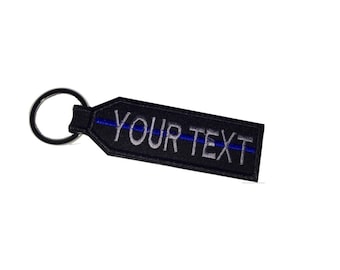 Custom Embroidered Name Tag Personalized Blue Line Keychain  Embroidered TAG Key Ring Holder (Double Side)