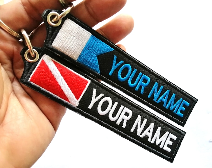 2 Pcs Custom name Scuba Diving Diver Alpha Flag Embroidered Tag Keychain Keyring Key holder