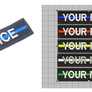 Peut inclure: Écusson brodé noir et blanc avec le mot "POLICE" en lettres blanches et une fine ligne bleue en haut. L'écusson est présenté à côté de cinq autres écussons avec le texte "YOUR NAME" en lettres blanches et une fine ligne en haut en bleu, rouge, jaune, blanc et vert.