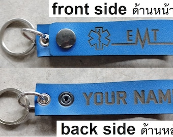 Custom Name EMT Paramedic Rescue Engraved PVC Leather Double Side Tag Keychain Keyring Key holder