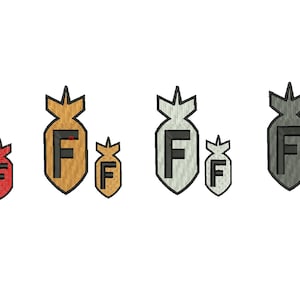 May include: Four sets of bomb-shaped graphics, each with an "F" in the centre. The bombs are in red, gold, silver, and grey, each with a smaller matching bomb. The designs have a textured, wood-like appearance.