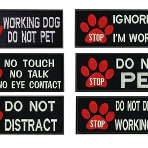 2 peças de patch para cães, serviço para cães, não distraia, cão de trabalho, sem toque, sem conversa, sem contato visual, com gancho bordado no verso