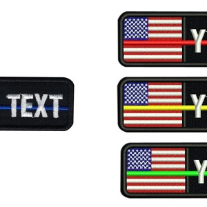 May include: Four embroidered patches featuring an American flag and a thin line in various colours. The patches are black with white text that reads "YOUR TEXT". The thin lines are blue, red, yellow, and green.