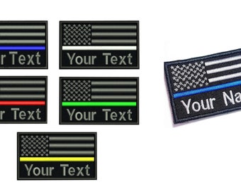 2 Pcs USA Flag Blue line Red Lind White Line Custom Name Tape Police  Embroideoral Patch Hook Backing 9x5.5cm