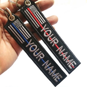 USA Flag Custom Name Firefighter Police Red Line Blue Line Flag Embroidered Tag Keychain Keyring Key holder