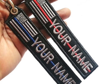 2 Pcs. USA Flag Custom Name Firefighter Police Red Line Blue Line Flag Embroidered Tag Keychain Keyring Key holder