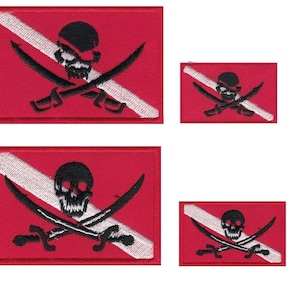 May include: Two sets of embroidered patches featuring a red background with a white diagonal stripe, a black skull with an eye patch and crossed swords. The patches are labelled "1" and "2".