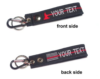 Firefighter USA Flag Thin Red line Rescue EMT EMS Custom Personalized Name or Text Embroidered Tag Keychain Keyring Key holder