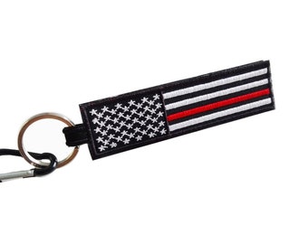 American Flag Thin Red Line Keychain Tag with Key Ring,Embroidered for Motorcycles, Scooters, Cars and  Gift for friend (Double Side)