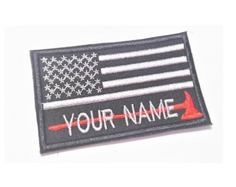 2 Pcs USA Patch Thin Red line Firefighter Custom Name Embroidered Patch Red Axe Rescue EMT EMS Fire Man
