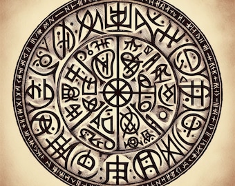 May include: A black and white circular design with intricate patterns and symbols. The design is surrounded by a border of smaller symbols and lines.