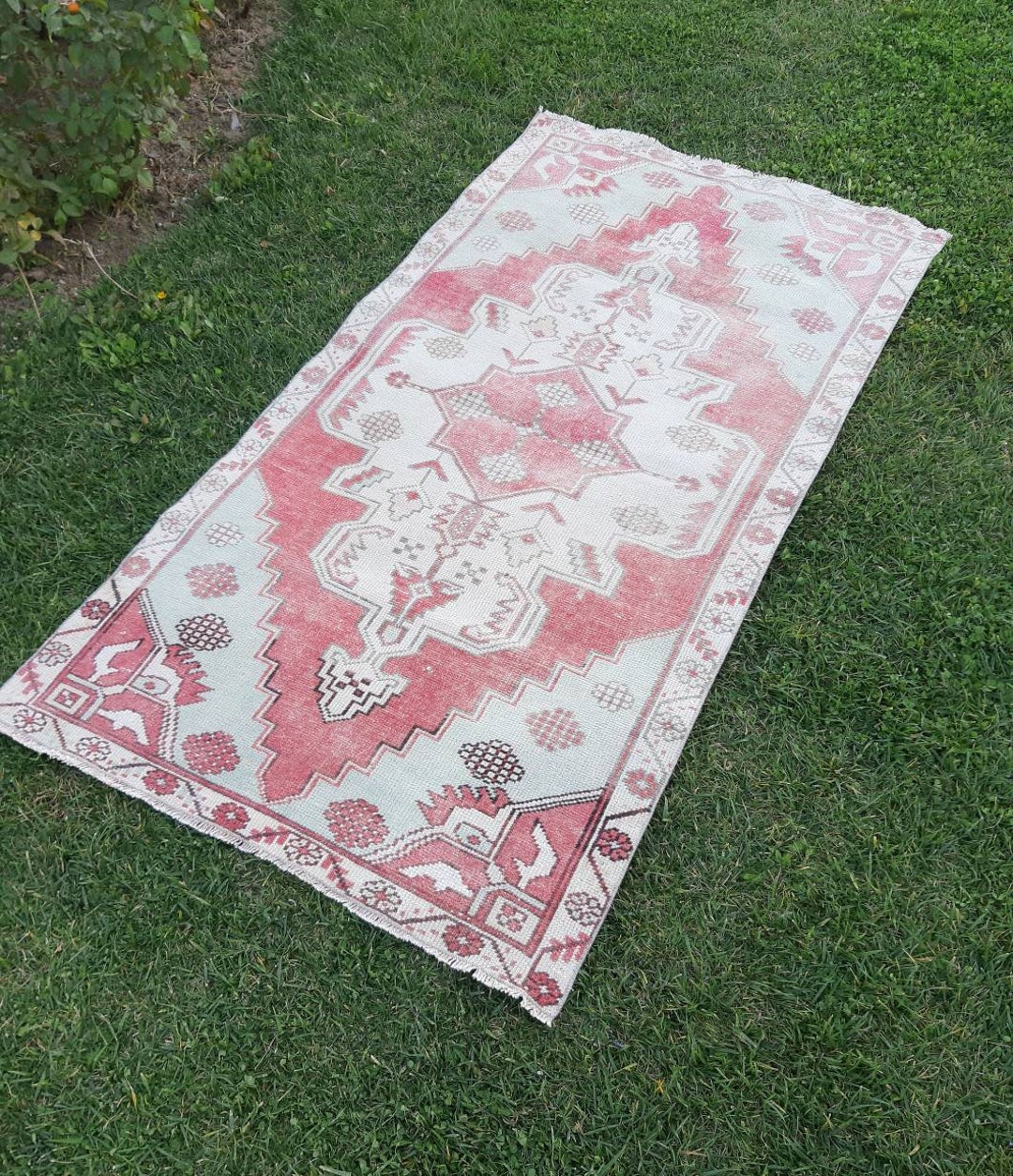 Turkish Red Area Rug , Antique Oushak Rug , Square Kitchen Rug
