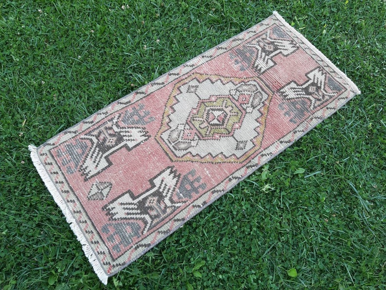 Turkish small rug Oushak doormat rug.Turkish vintage bathroom rug 3/'6\u00d71/'6 ft red mat rug.Red doormat rug.Low Pile distressed bathroom rug
