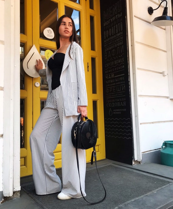 women's black and white striped pants suit