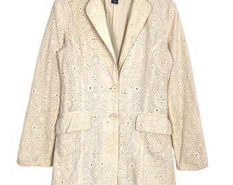 Chaqueta vintage Anna Sui color marfil con ojales para mujer, talla pequeña, rara
