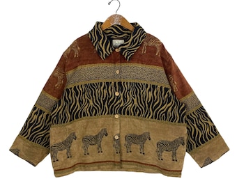 Vintage TANTRUMS Chunky Safari Zebra Jacket Boho Boxy Animal Print Brocade Tribal Women's Extra Large Size Zeldzaam