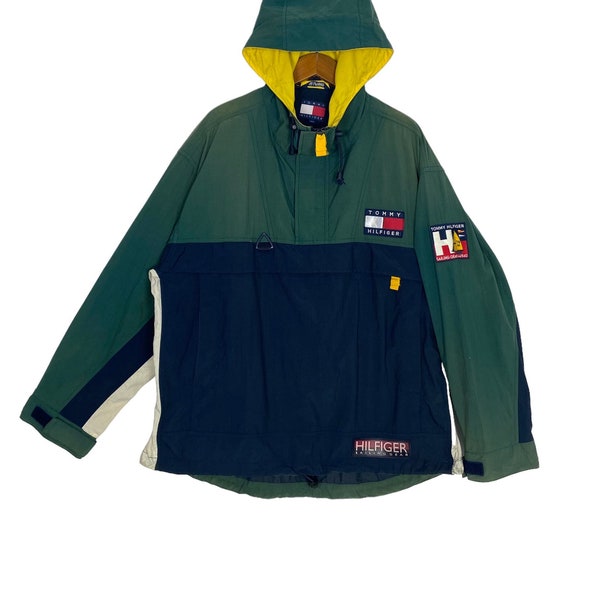 Vintage SUNFADED Tommy Hilfiger zeiluitrusting Anorak Hoodie jas groot logo heren groot formaat zeldzaam
