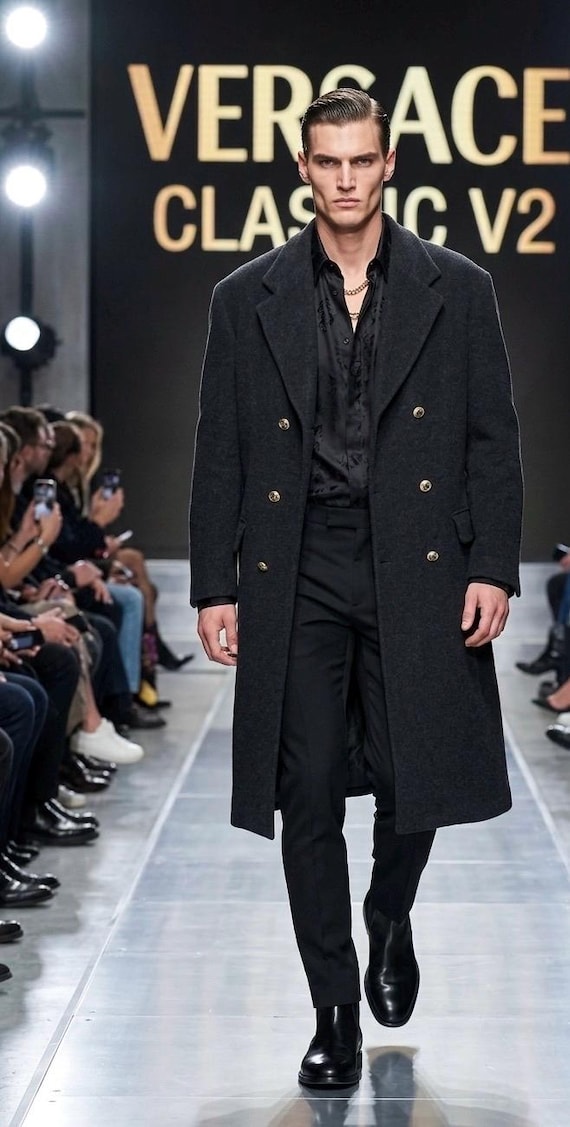 超レア★VERSACE CLASSIC V2★ダブル チェスターコート 黒 L Vintage Versace Classic V2 Wool Long Coat Made in Italy Men's