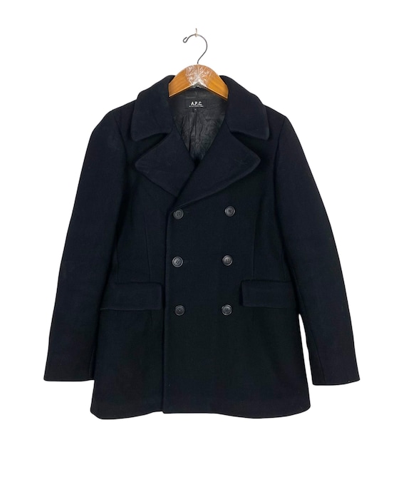ジャケット・アウター A.P.C. Wool Serge PeaCoat Made in France APC Pea Coat Mens M Navy Double Breasted Deck Jacket 100