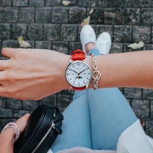 The Red Thongs | Silver Women&#39;s Watch 36mm - Red Leather Strap